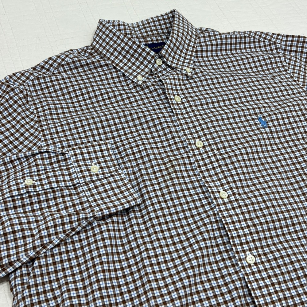 Ralph Lauren Mens Large Brown Blue Check Cotton Stretch Button Down Shirt